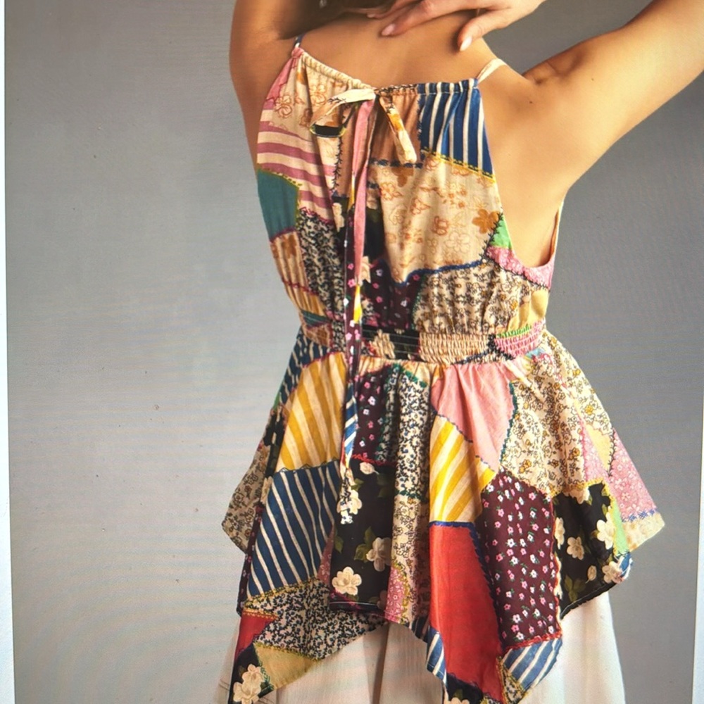 Anthropologie Multicolor Patchwork Spaghetti-Strap Babydoll Top - Picture 2 of 4